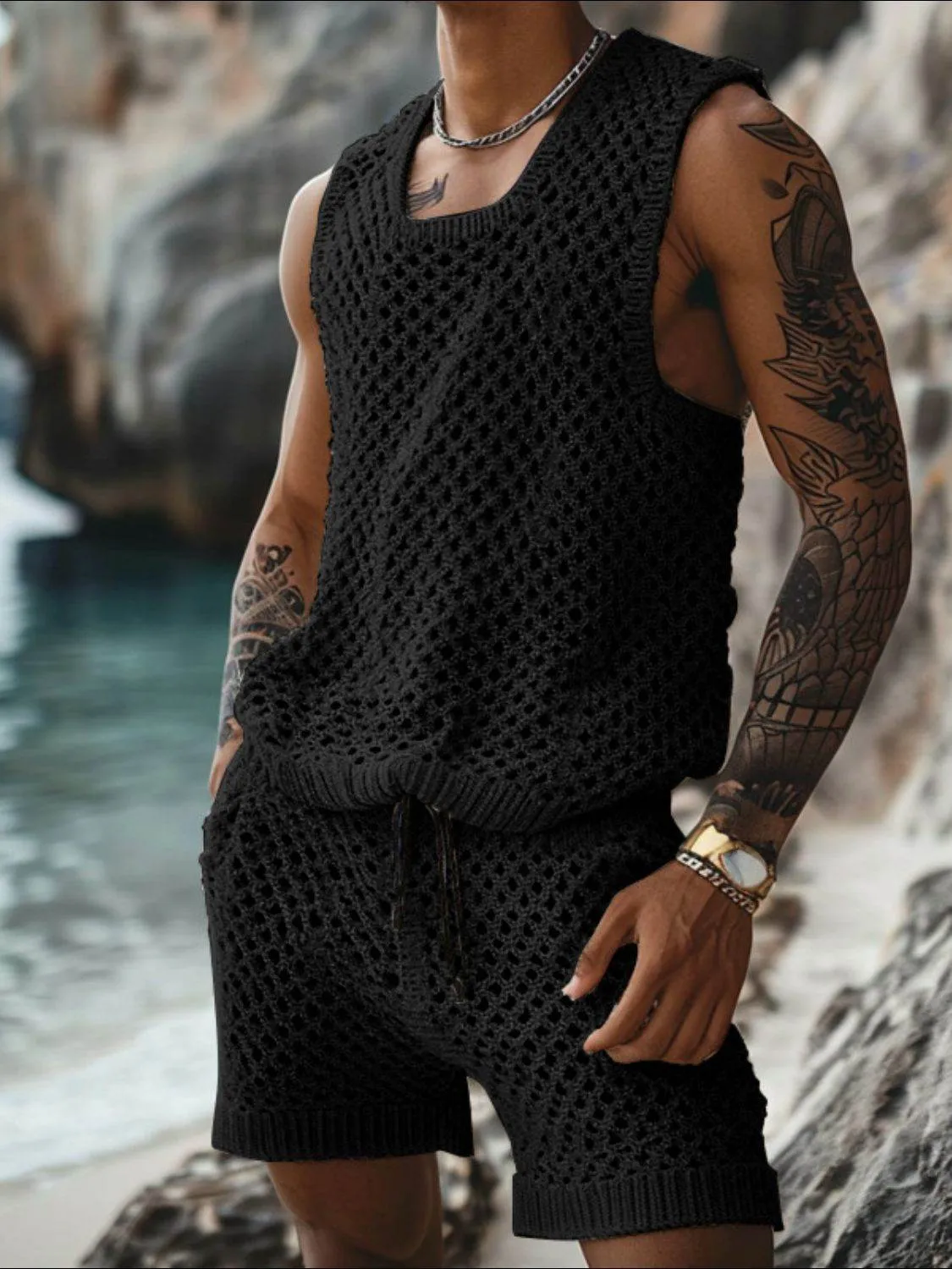 Hollow Out Round Neck Tank and Shorts Set