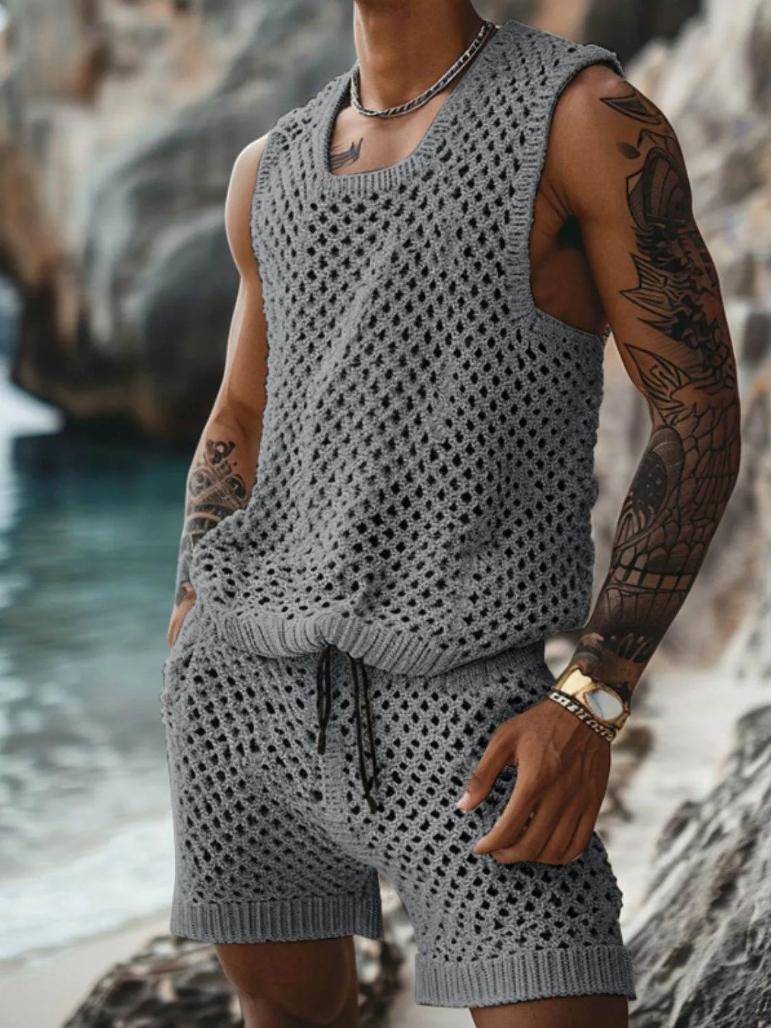 Hollow Out Round Neck Tank and Shorts Set