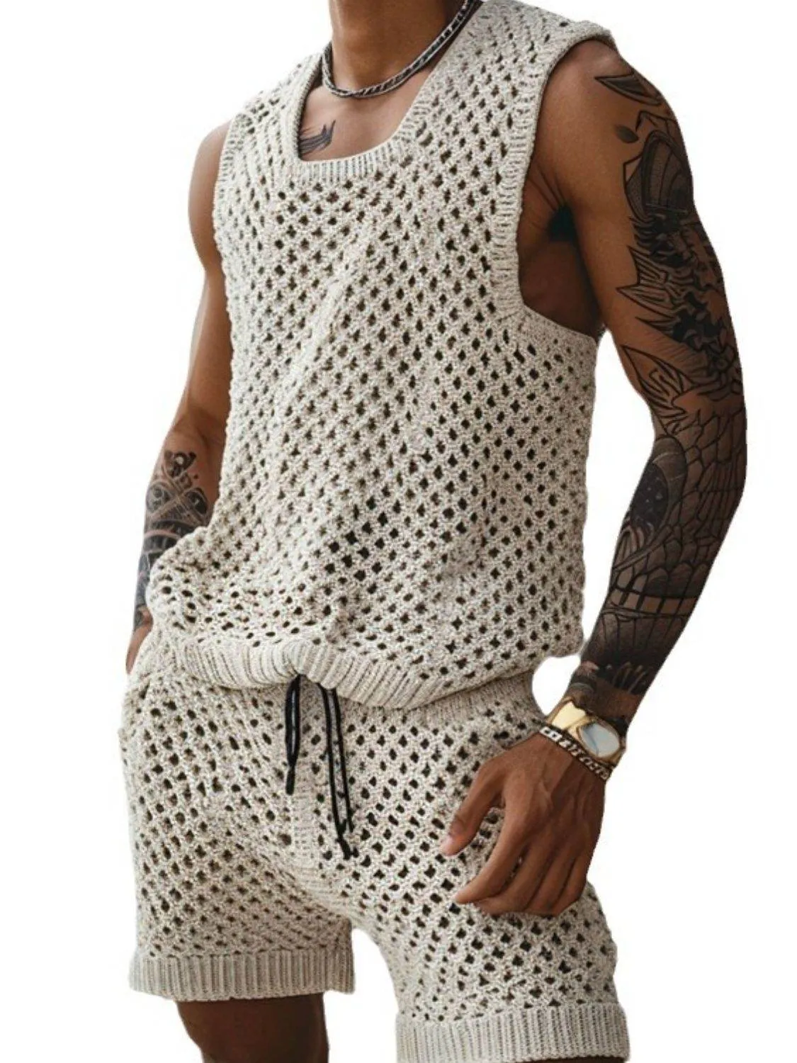 Hollow Out Round Neck Tank and Shorts Set