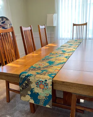 Japanese Traditional Teal Green Kimono Obi Table Runner