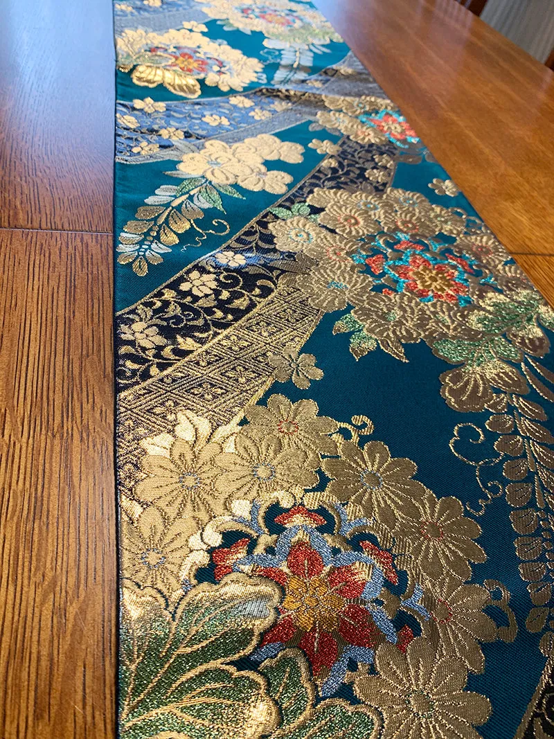 Japanese Traditional Teal Green Kimono Obi Table Runner