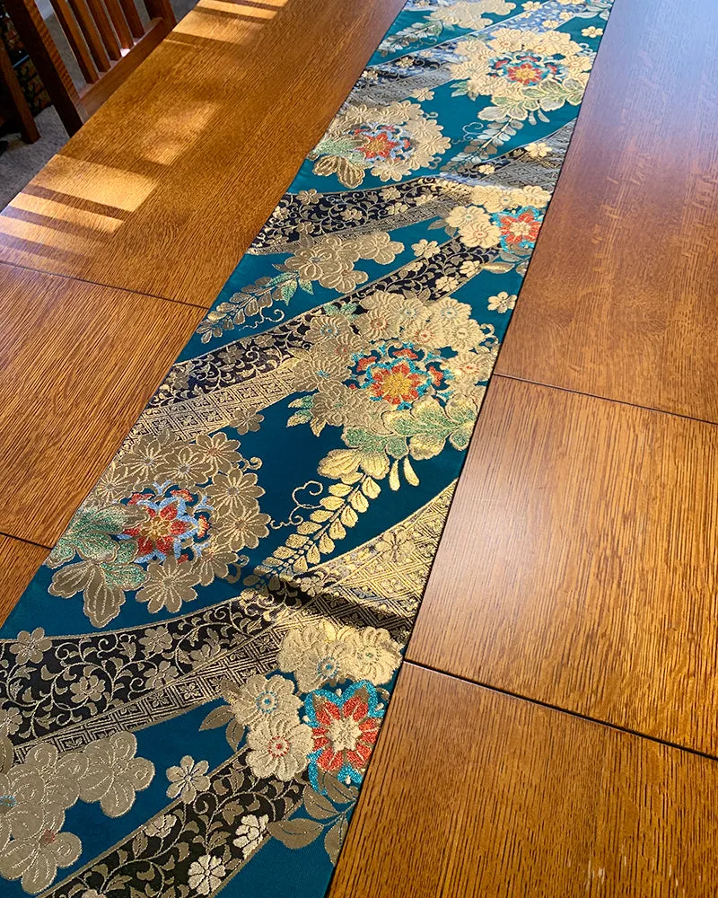 Japanese Traditional Teal Green Kimono Obi Table Runner
