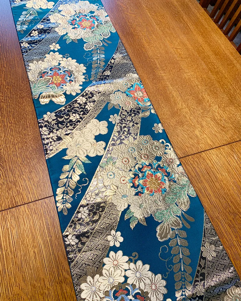 Japanese Traditional Teal Green Kimono Obi Table Runner