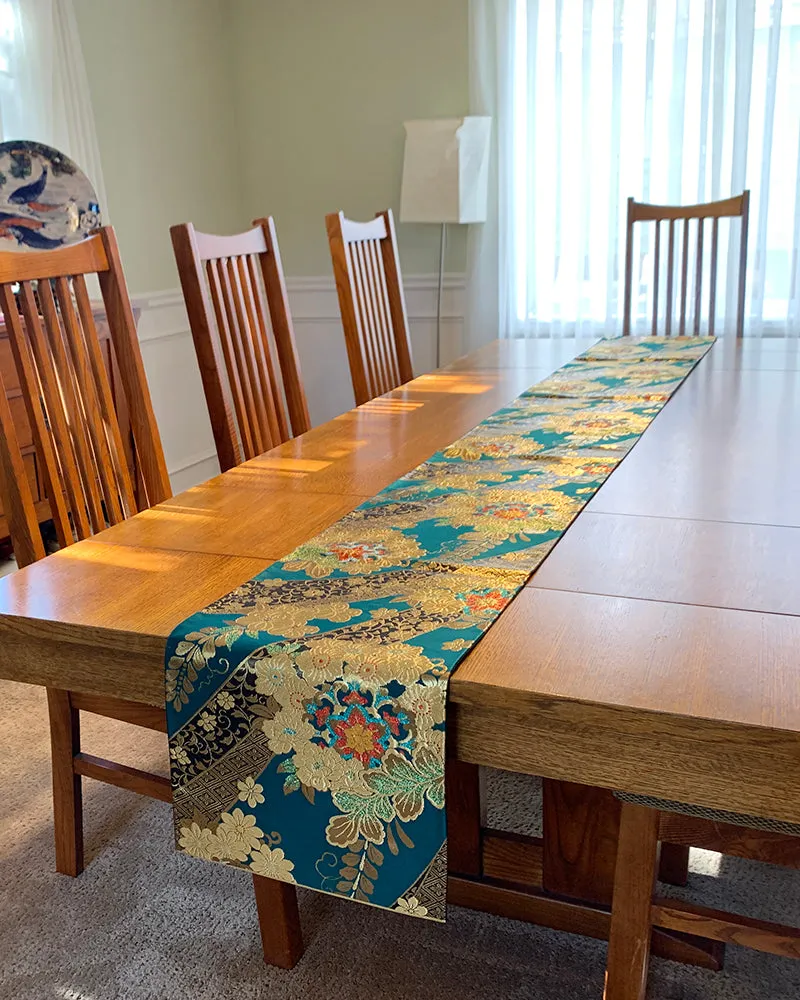 Japanese Traditional Teal Green Kimono Obi Table Runner