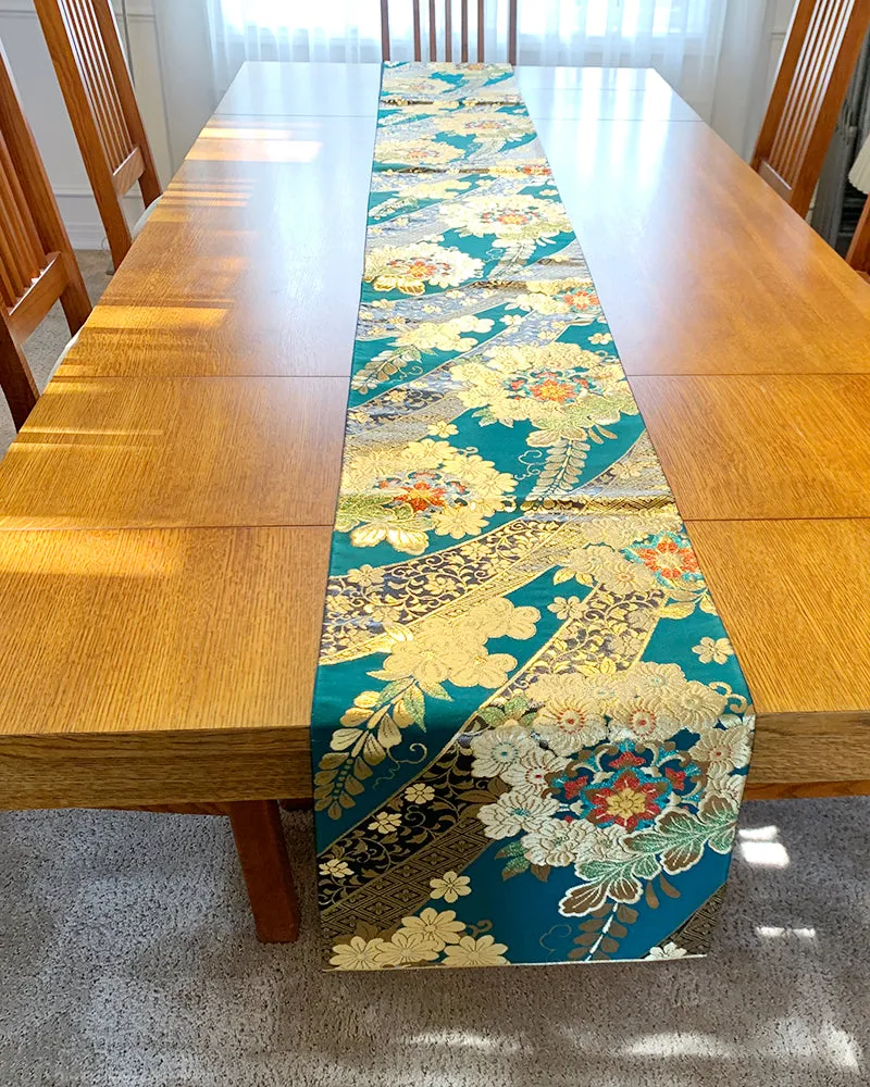 Japanese Traditional Teal Green Kimono Obi Table Runner