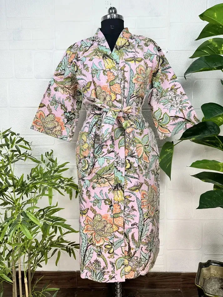 Kantha Pure Cotton Reversible Long Kimono Women Jacket Floral Print Pink Green