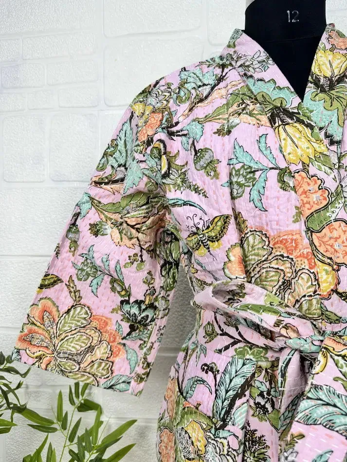 Kantha Pure Cotton Reversible Long Kimono Women Jacket Floral Print Pink Green