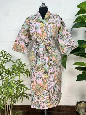 Kantha Pure Cotton Reversible Long Kimono Women Jacket Floral Print Pink Green
