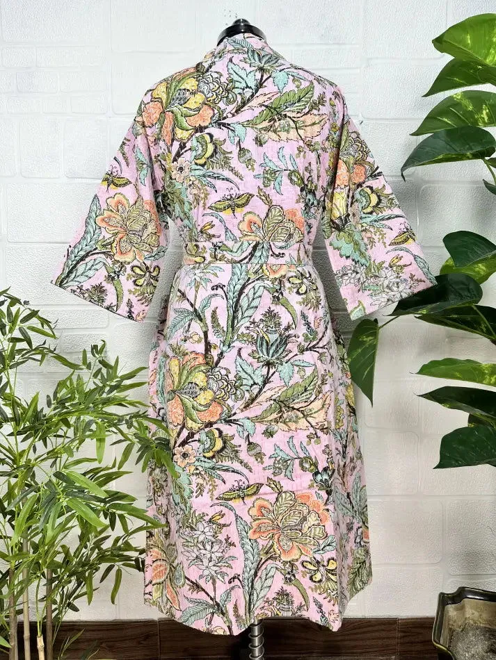 Kantha Pure Cotton Reversible Long Kimono Women Jacket Floral Print Pink Green