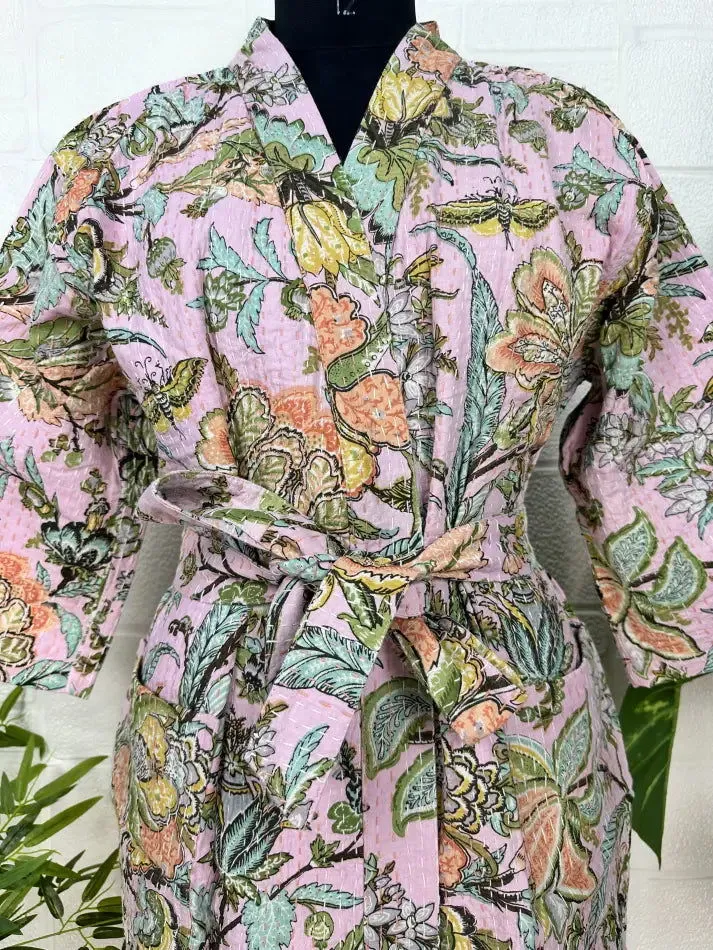 Kantha Pure Cotton Reversible Long Kimono Women Jacket Floral Print Pink Green