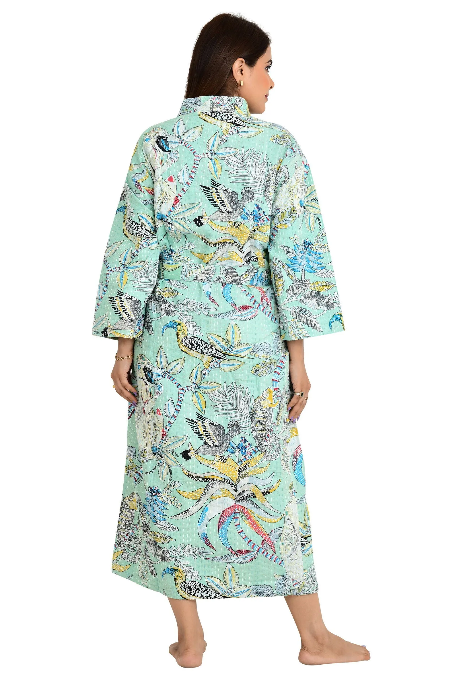 Kantha Pure Cotton Reversible Long Kimono Women Jacket Pastel Green Monkey Animal