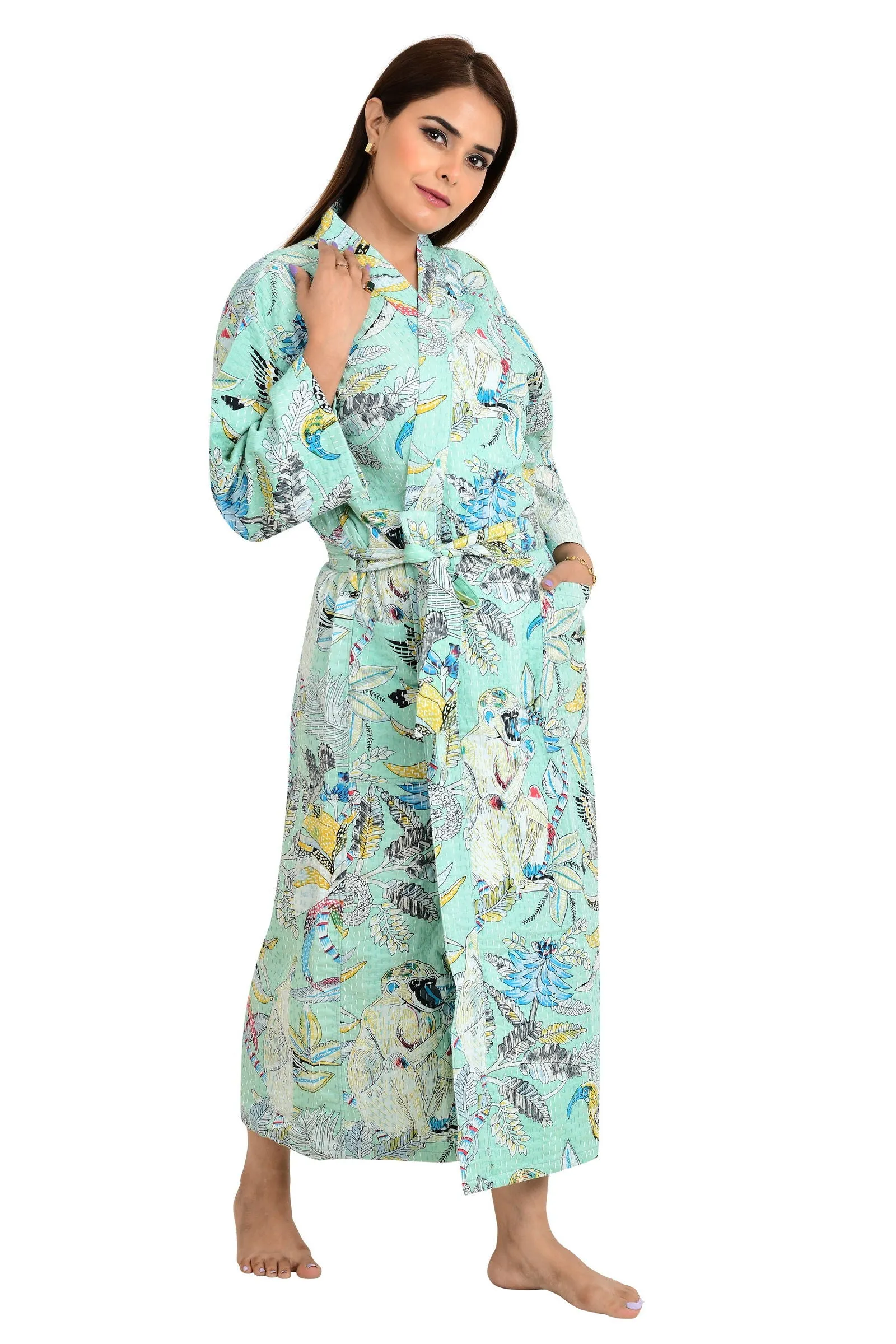 Kantha Pure Cotton Reversible Long Kimono Women Jacket Pastel Green Monkey Animal