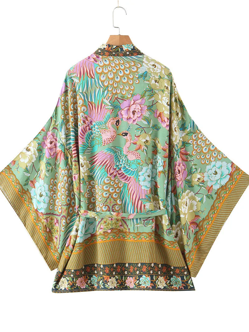 Kimono Floral Birds Print Green Color Cotton Short Gown Kimono Duster