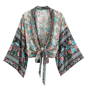 Kimono Tie Top Pink-Blue Flowers
