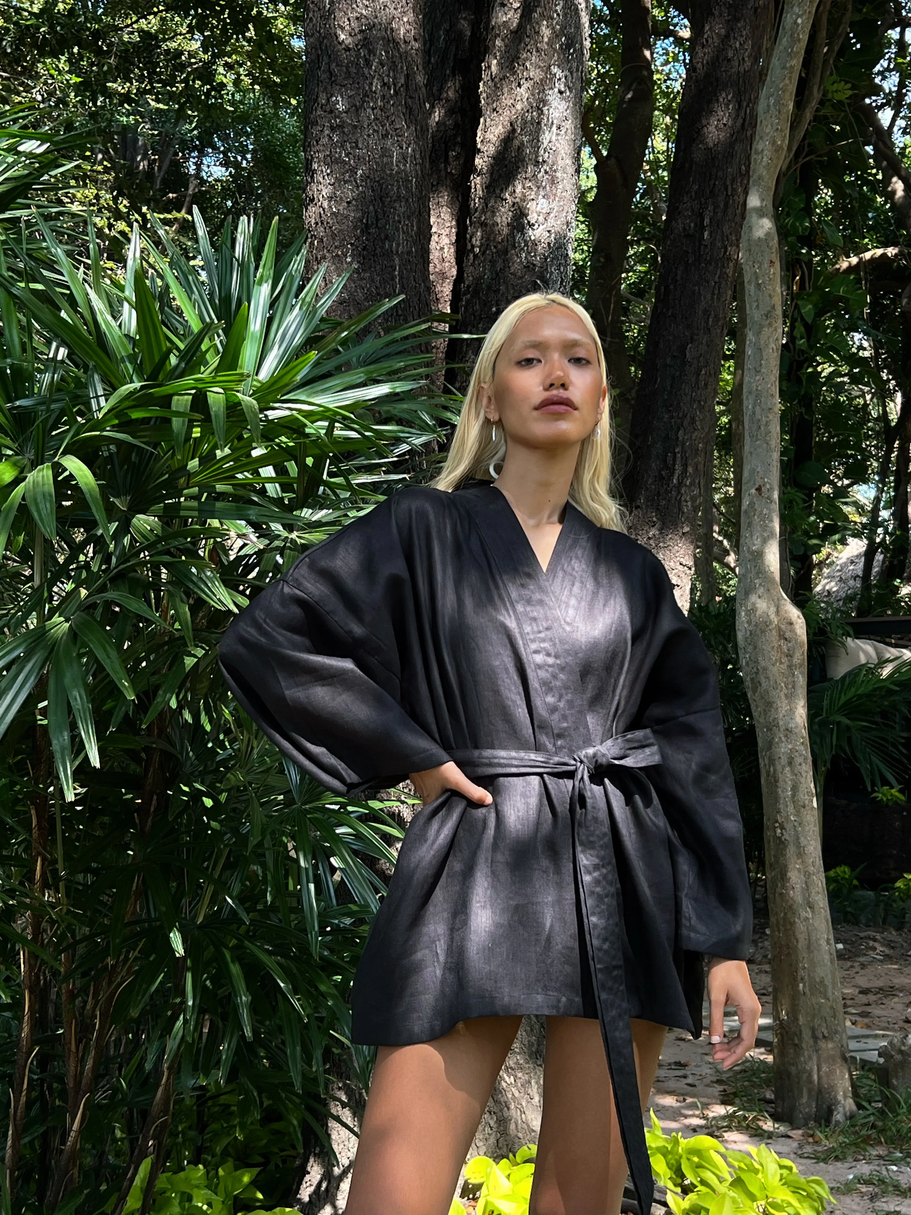 Kira Kimono Linen Wrap Jacket - Black