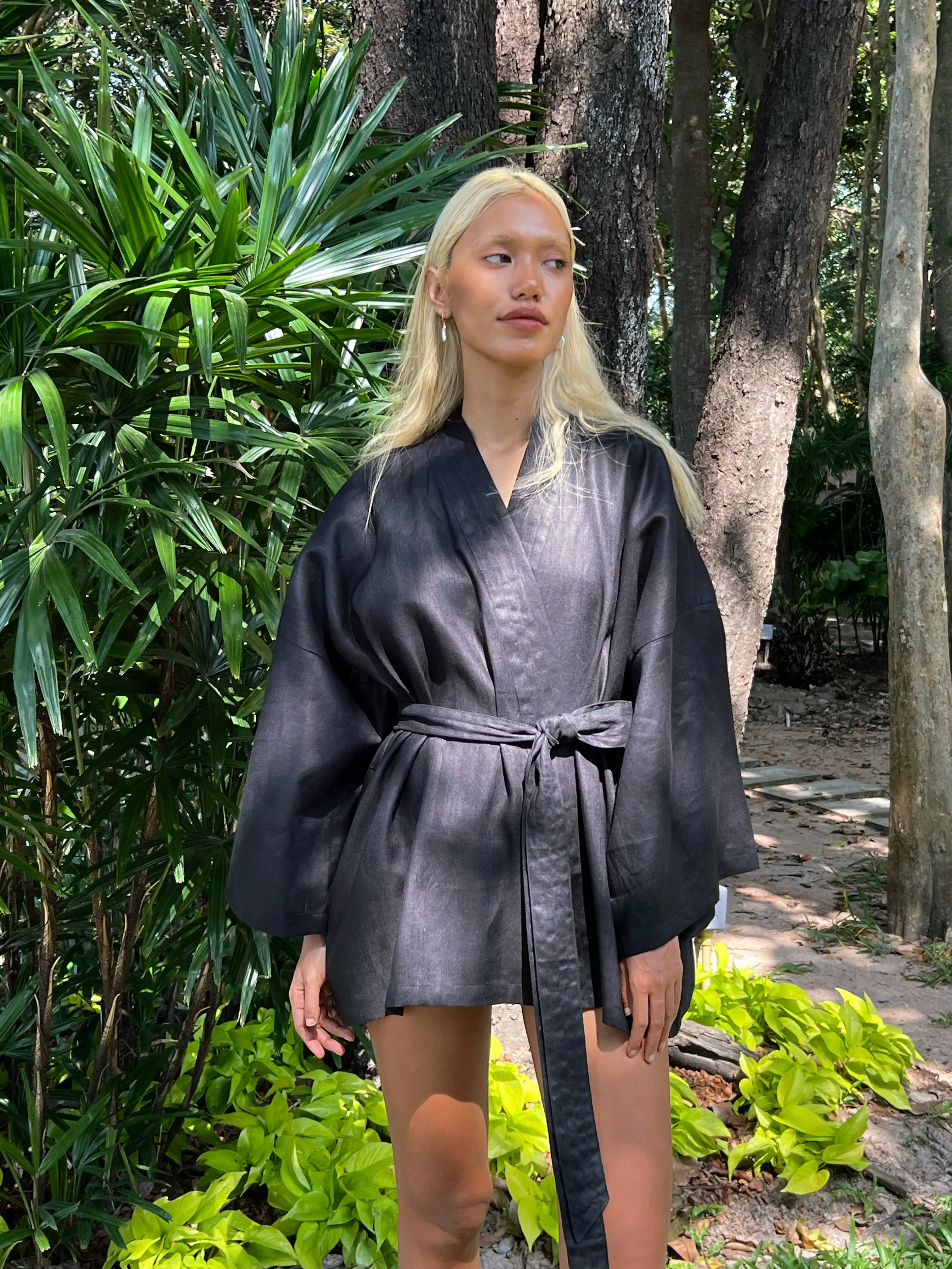 Kira Kimono Linen Wrap Jacket - Black