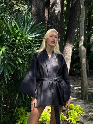 Kira Kimono Linen Wrap Jacket - Black