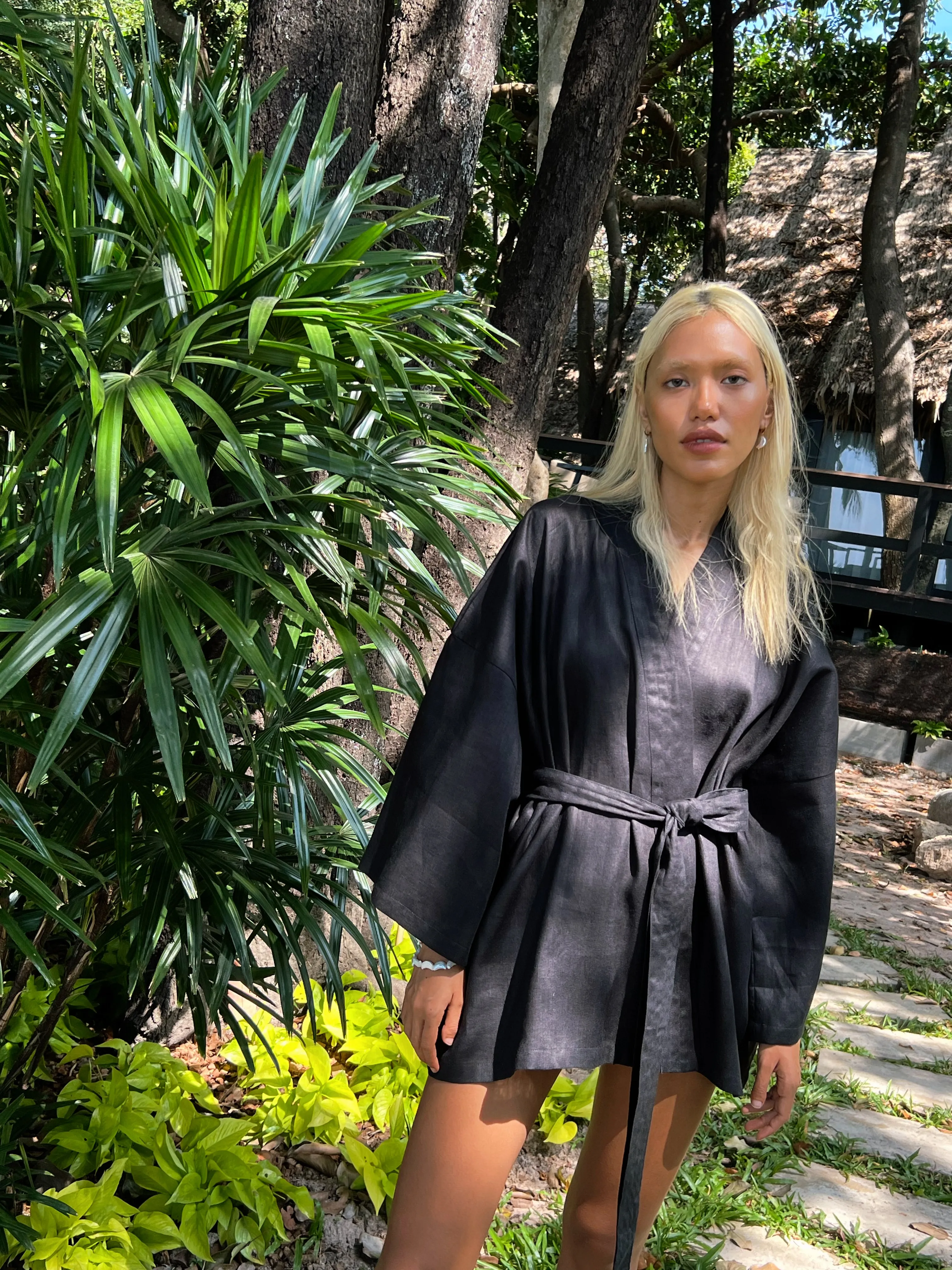 Kira Kimono Linen Wrap Jacket - Black