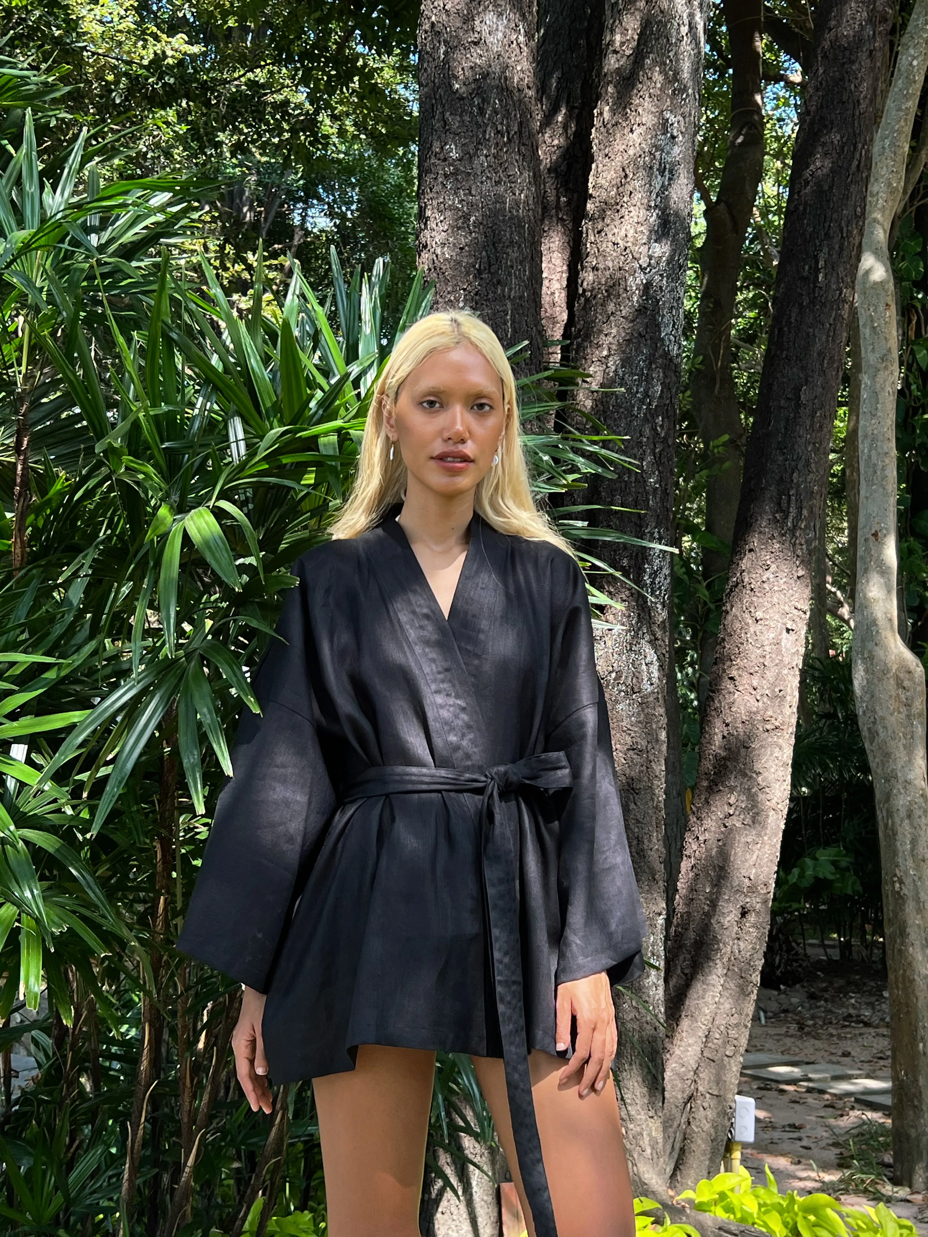 Kira Kimono Linen Wrap Jacket - Black