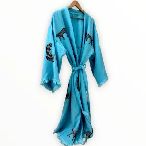 Leopard Turquoise Turkish Towel Kimono Kaftan Bathrobe - Beach Kimono