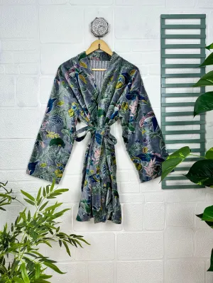 Luxury Velvet House Robe Unisex Kimono Jacket Reversible Silk Lined Autumn Winter Gift Elegant Floral Grey Malibu Bluish Valentine Love