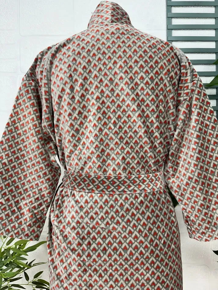 Luxury Velvet House Robe Unisex Kimono Jacket Reversible Silk Lined Autumn Winter Gift Elegant Geometric Grey Malibu Bluish Valentine Love