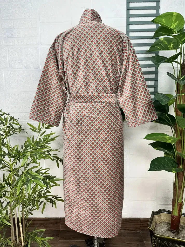 Luxury Velvet House Robe Unisex Kimono Jacket Reversible Silk Lined Autumn Winter Gift Elegant Geometric Grey Malibu Bluish Valentine Love