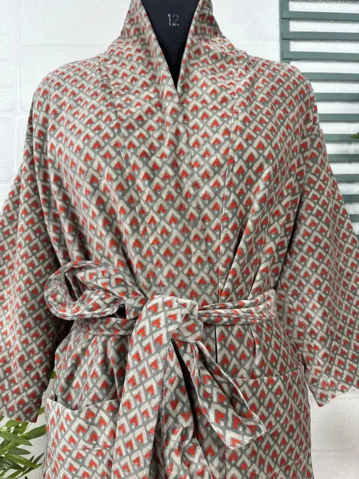 Luxury Velvet House Robe Unisex Kimono Jacket Reversible Silk Lined Autumn Winter Gift Elegant Geometric Grey Malibu Bluish Valentine Love