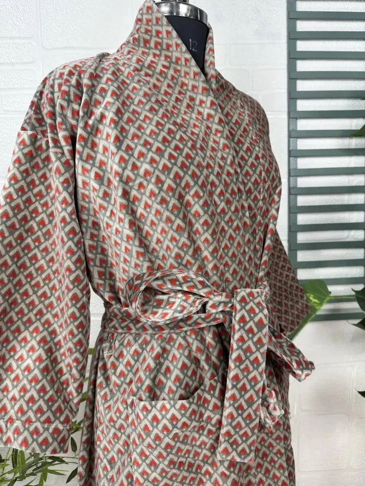Luxury Velvet House Robe Unisex Kimono Jacket Reversible Silk Lined Autumn Winter Gift Elegant Geometric Grey Malibu Bluish Valentine Love