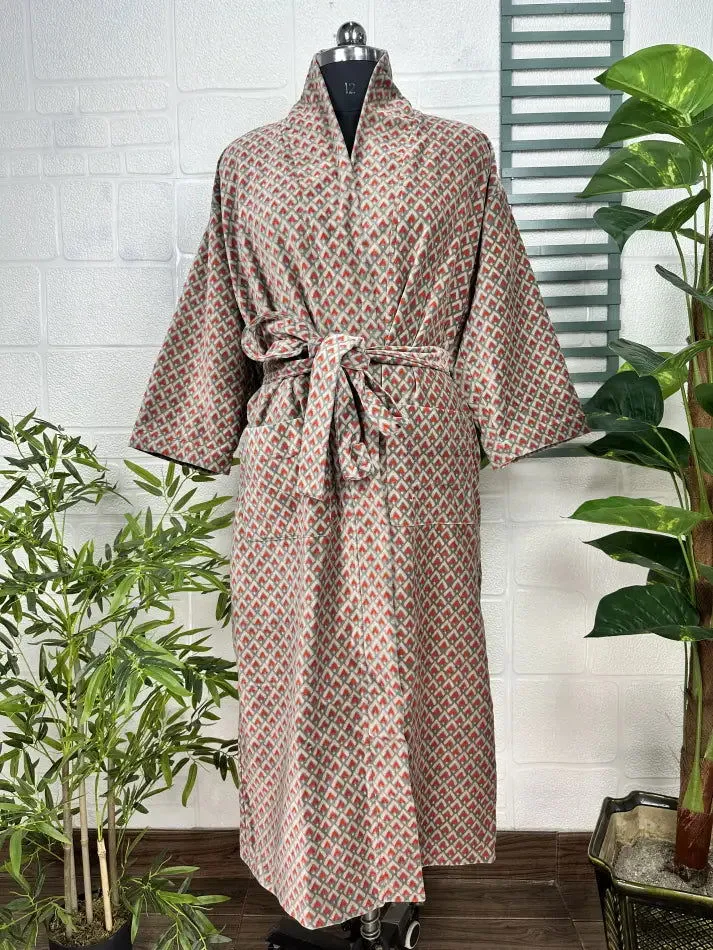 Luxury Velvet House Robe Unisex Kimono Jacket Reversible Silk Lined Autumn Winter Gift Elegant Geometric Grey Malibu Bluish Valentine Love