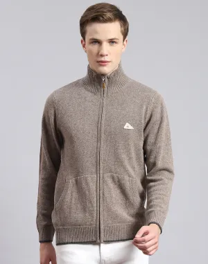 Men Brown Solid Stand Collar Full Sleeve Sweater