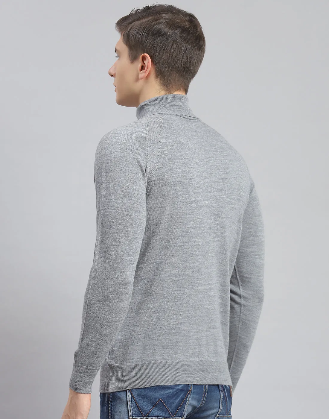 Men Grey Melange Solid H Neck Full Sleeve Pullover