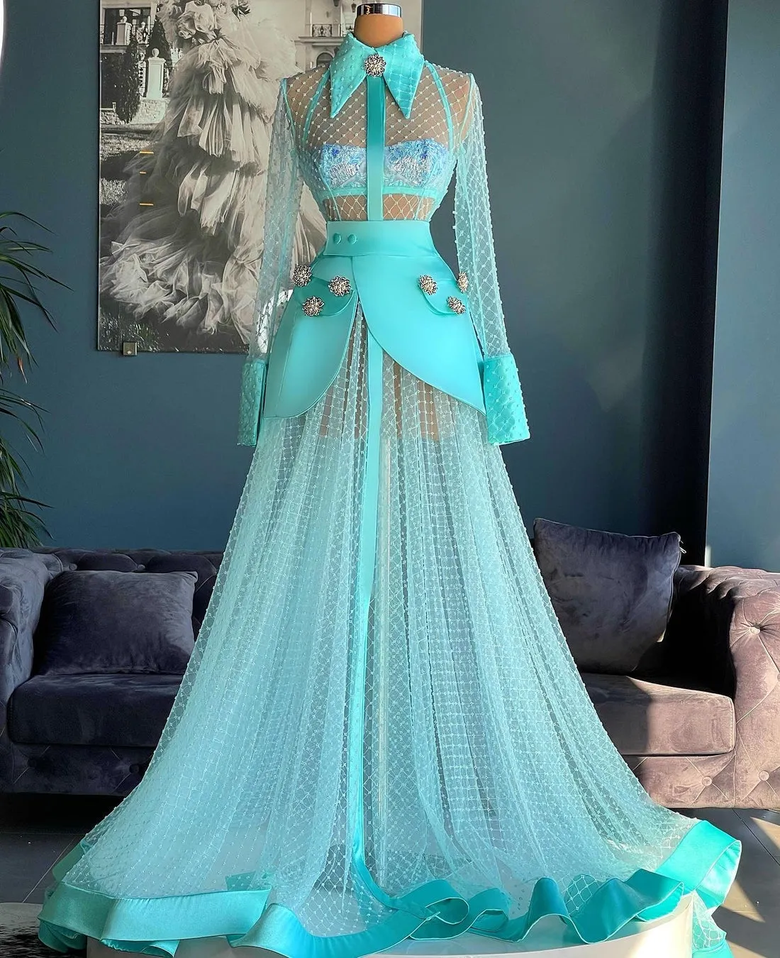 Mia Blue Long Sleeve High Neck Evening Dress
