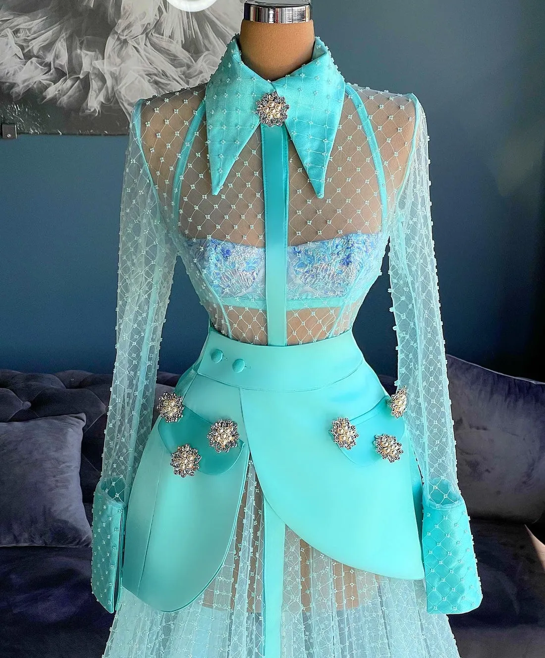 Mia Blue Long Sleeve High Neck Evening Dress