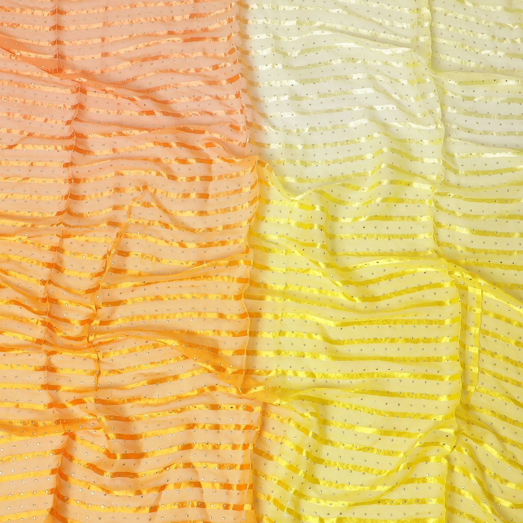 Multicolor synthetic chiffon fabric with gold stripe having same tone metallic dot foil in stripe design-D13649