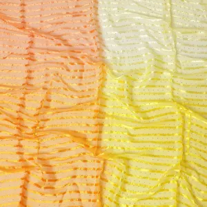 Multicolor synthetic chiffon fabric with gold stripe having same tone metallic dot foil in stripe design-D13649