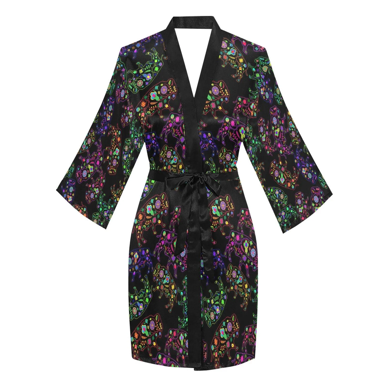 Neon Floral Buffalos Long Sleeve Satin Robe