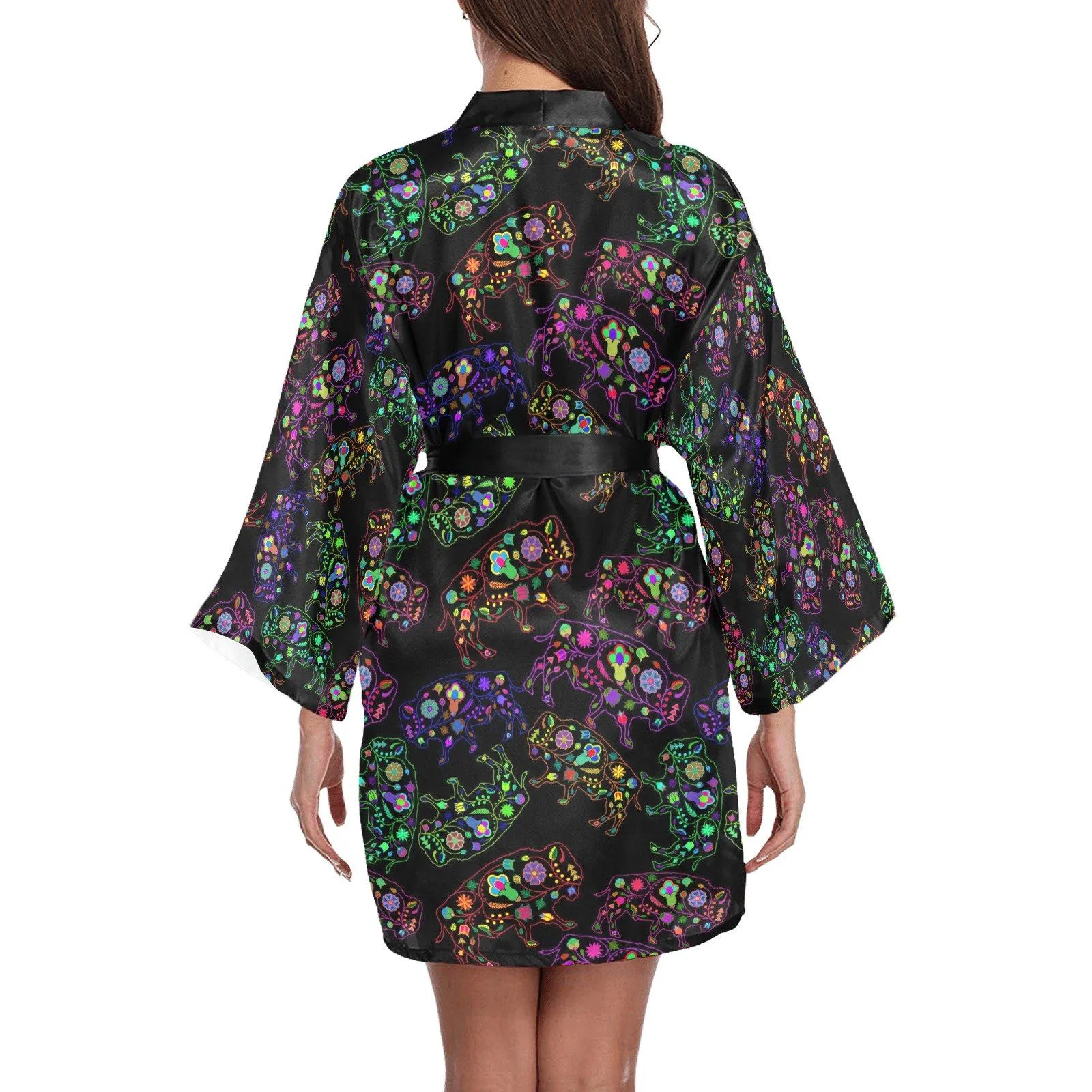Neon Floral Buffalos Long Sleeve Satin Robe