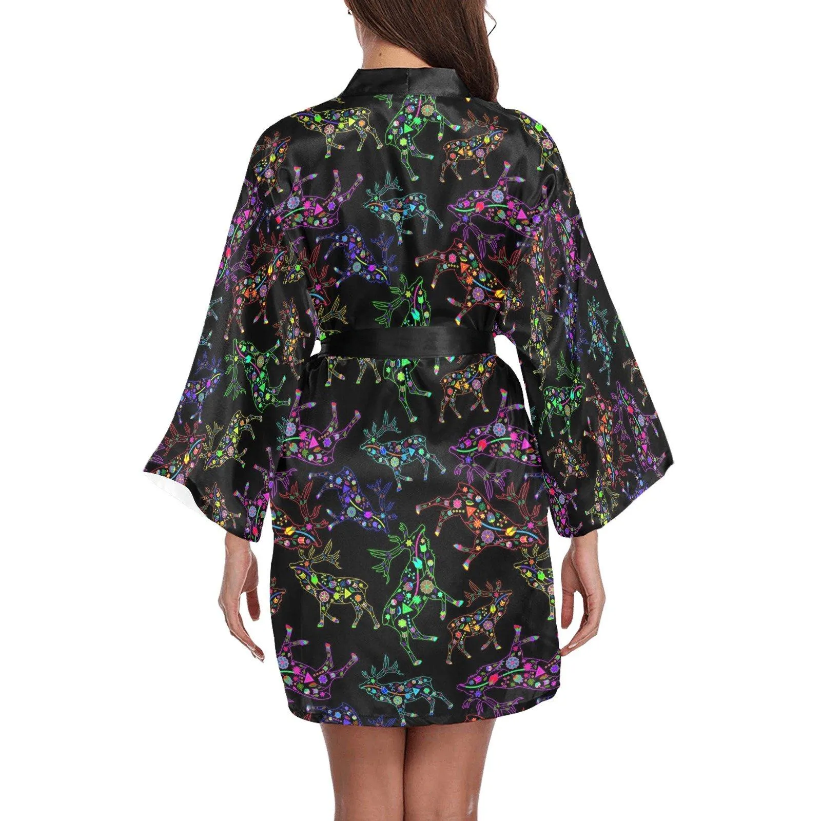 Neon Floral Elks Long Sleeve Satin Robe