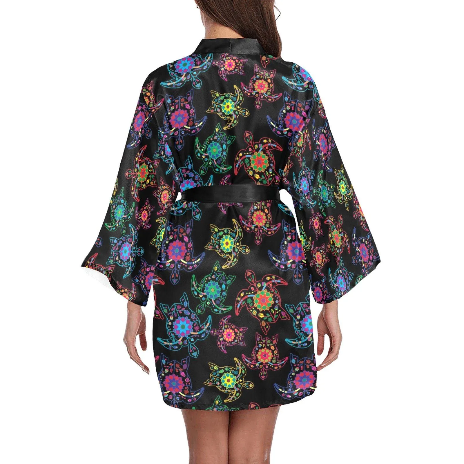 Neon Floral Turtle Long Sleeve Satin Robe