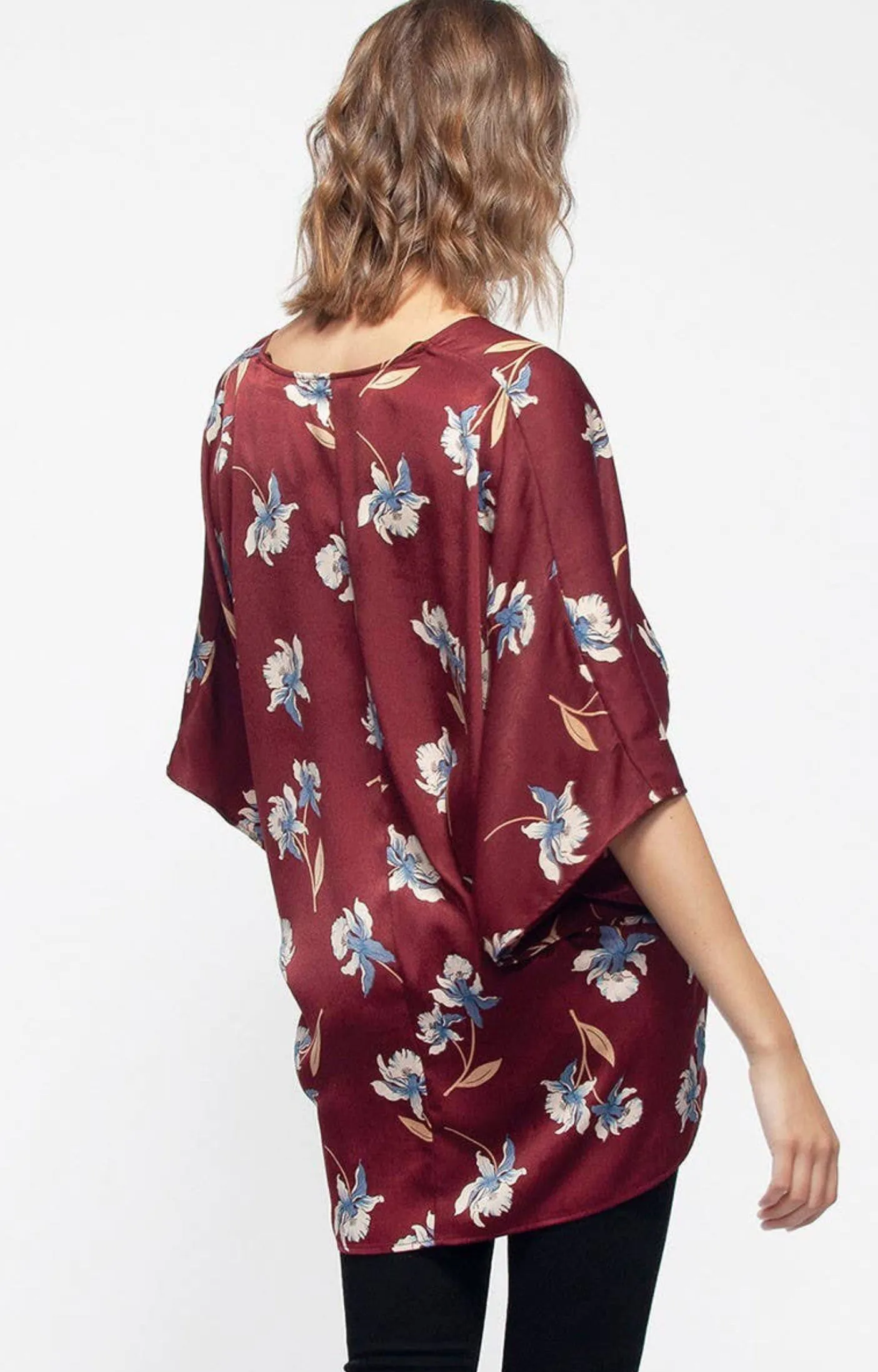 Pleione Burgundy Floral Tie Front Kimono