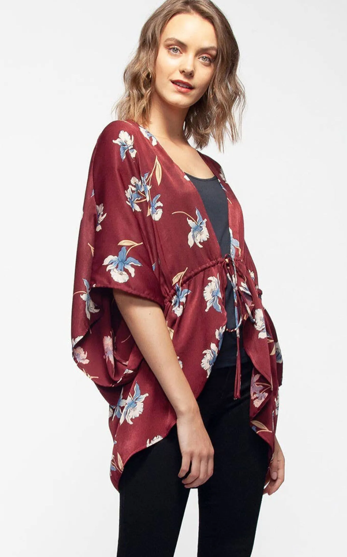 Pleione Burgundy Floral Tie Front Kimono