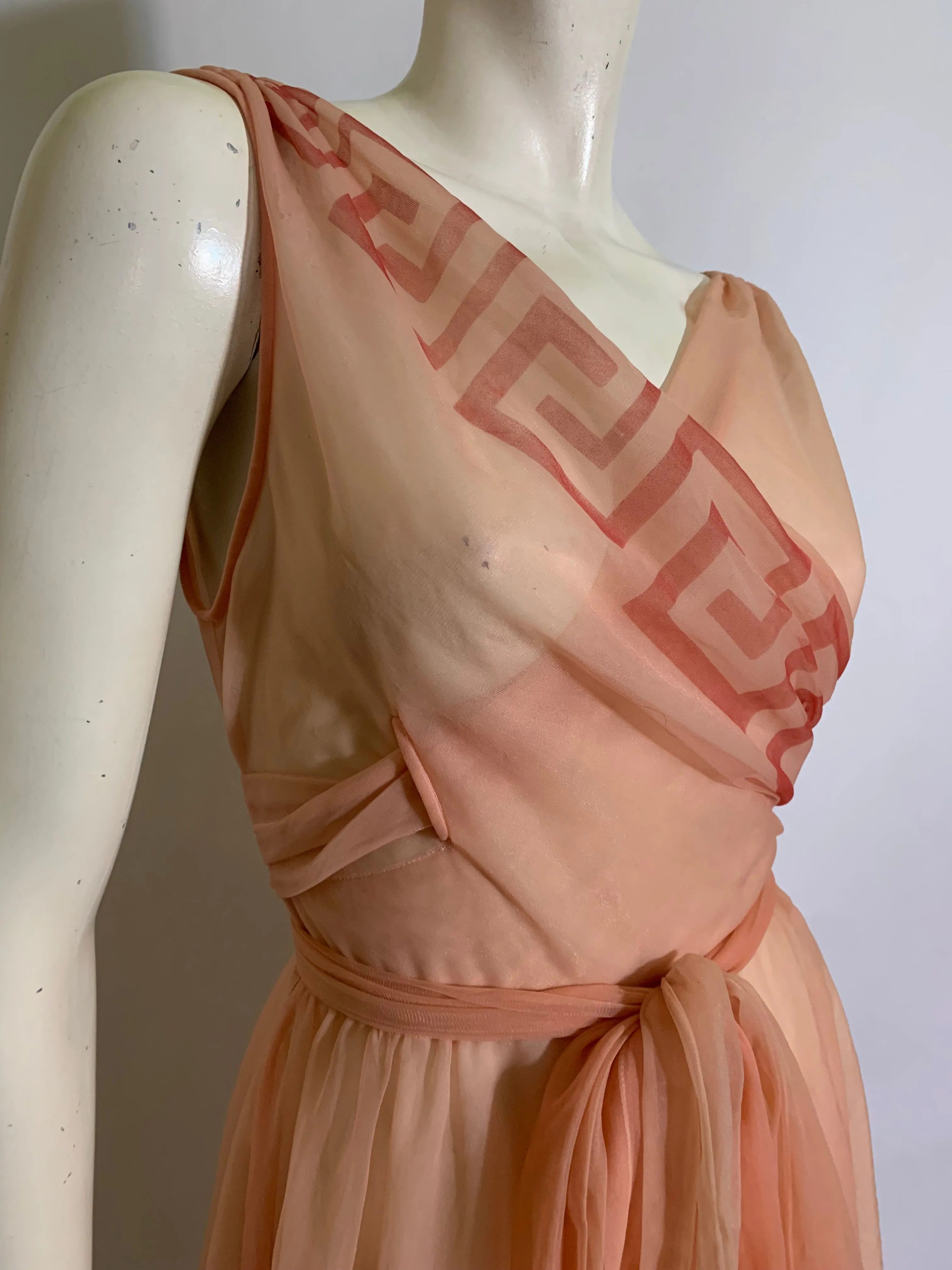 Rare Peach Chiffon Nightie with Greek Key Design circa 1950s