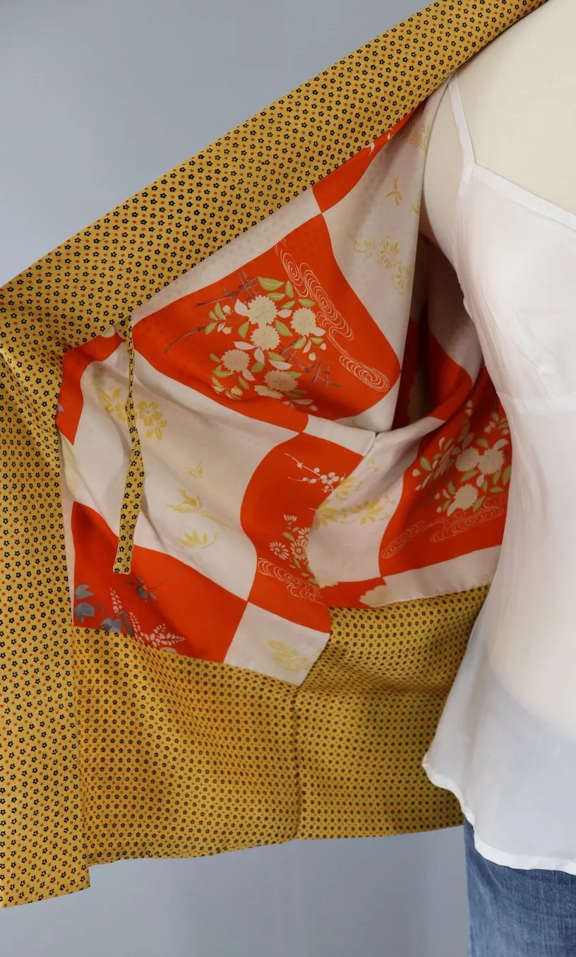 Silk Kimono Jacket / Golden Yellow Dotted Print