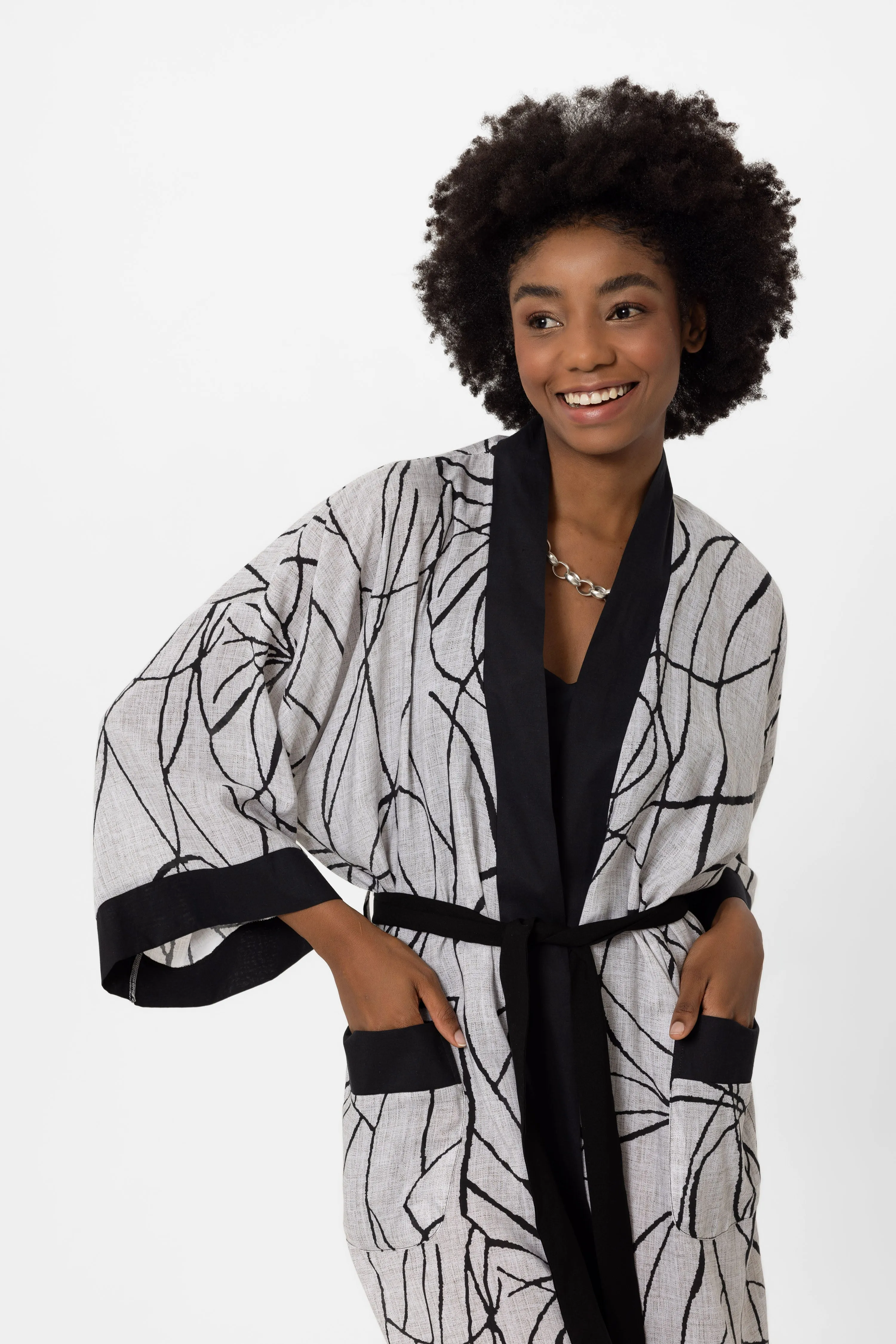 Siyah, bej iri desenli Elissa Kimono