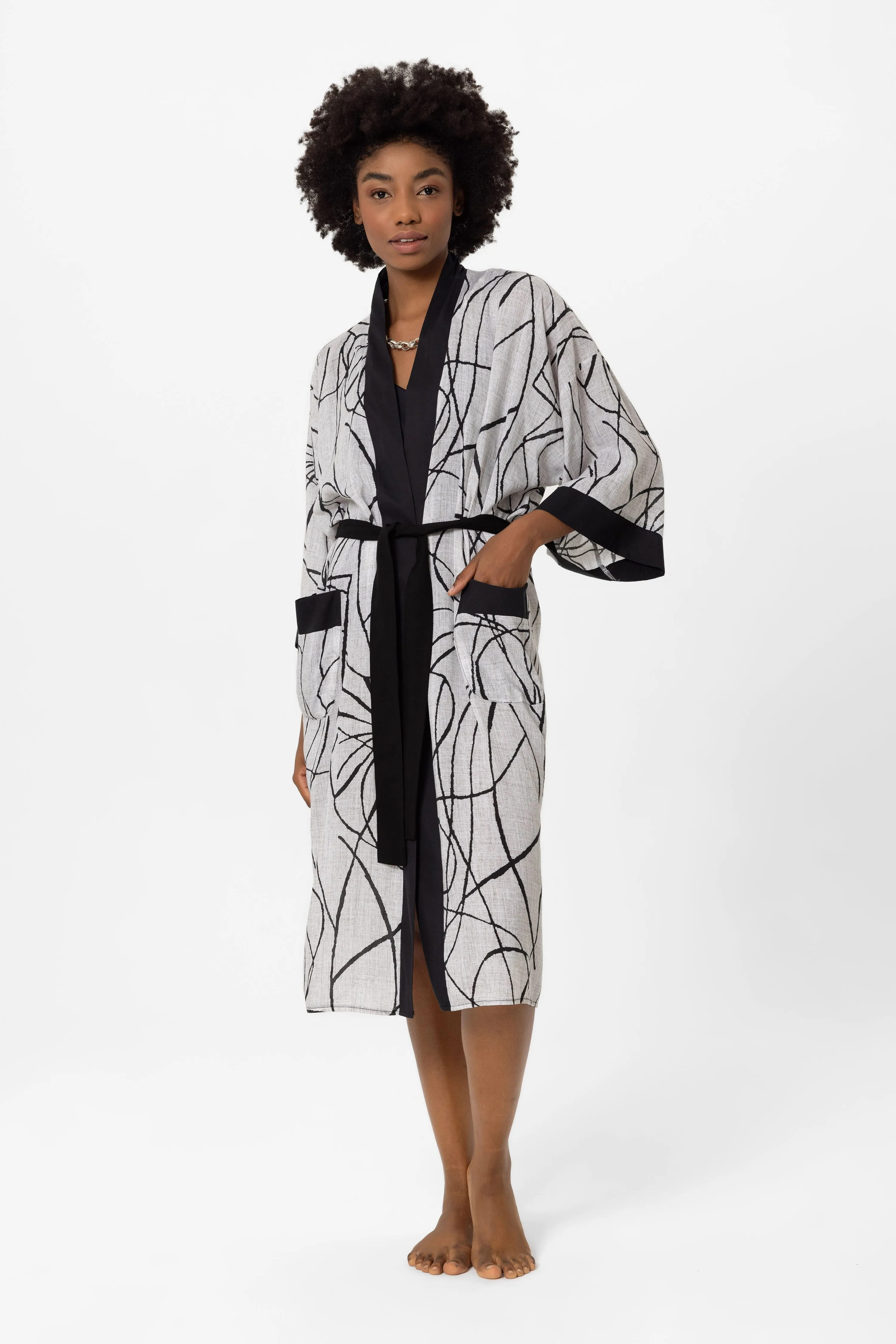 Siyah, bej iri desenli Elissa Kimono