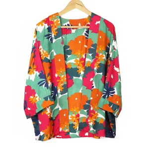 Teal and orange mix bold flower print kimono