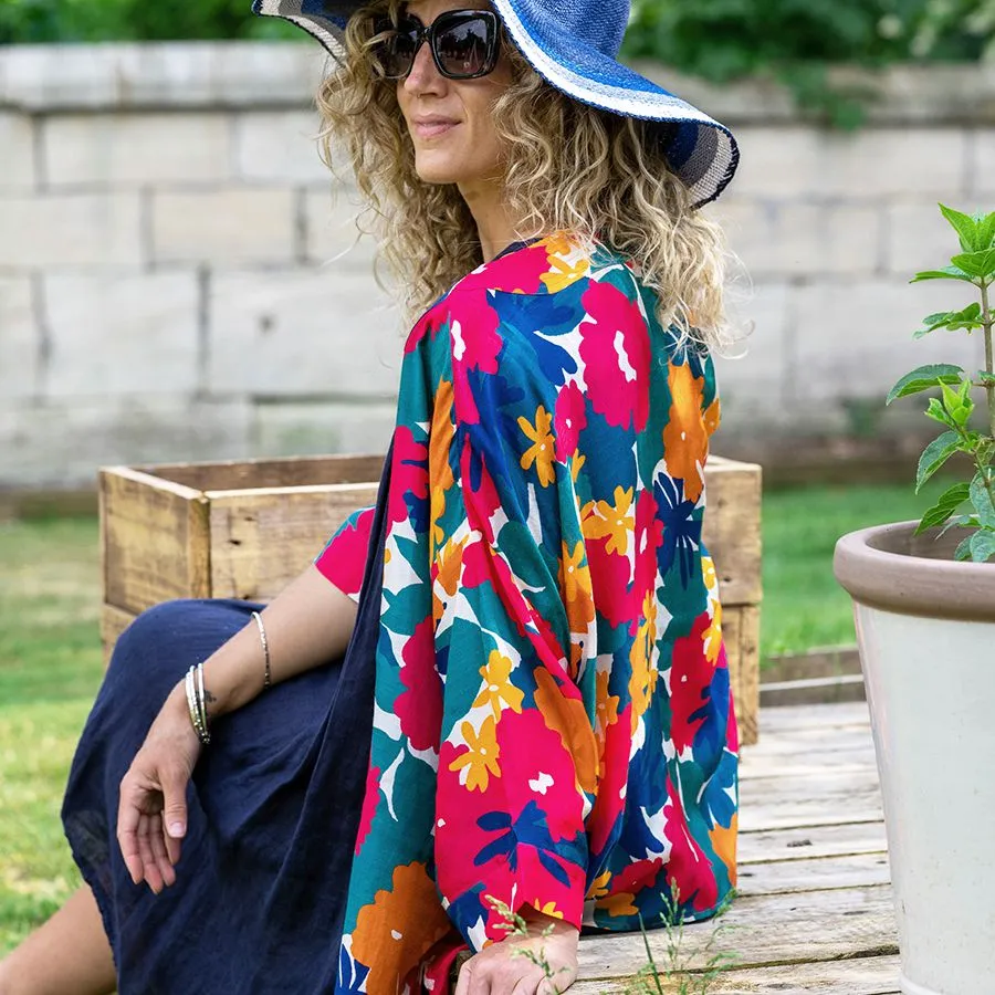 Teal and orange mix bold flower print kimono