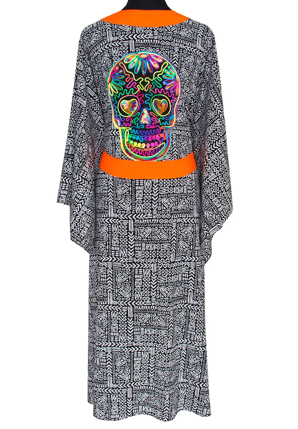 Tribal - Black Mayan Kimono Skull (Neon Orange)