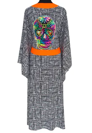 Tribal - Black Mayan Kimono Skull (Neon Orange)